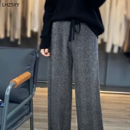 LHZSYY Autumn Winter New 100%Pure Wool Wide-Leg Pants Women' High-Waist Korean Straight Leg Pants Loose Wear Cashmere Knit Pants