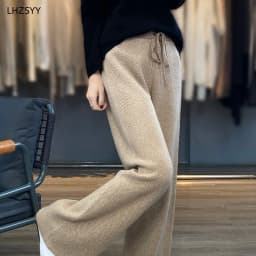 LHZSYY Autumn Winter New 100%Pure Wool Wide-Leg Pants Women' High-Waist Korean Straight Leg Pants Loose Wear Cashmere Knit Pants