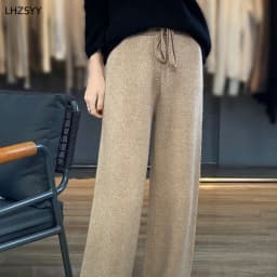 LHZSYY Autumn Winter New 100%Pure Wool Wide-Leg Pants Women' High-Waist Korean Straight Leg Pants Loose Wear Cashmere Knit Pants