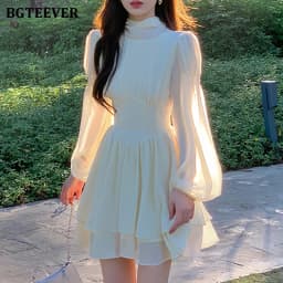 BGTEEVER Elegant Lace-up Women Chiffon Dress Stylish Puff Sleeve Slim Waist Female A-line Dress Ladies Vestidos Spring Summer