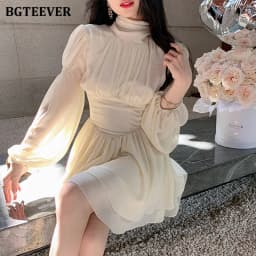 BGTEEVER Elegant Lace-up Women Chiffon Dress Stylish Puff Sleeve Slim Waist Female A-line Dress Ladies Vestidos Spring Summer