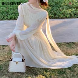 BGTEEVER Elegant Lace-up Women Chiffon Dress Stylish Puff Sleeve Slim Waist Female A-line Dress Ladies Vestidos Spring Summer