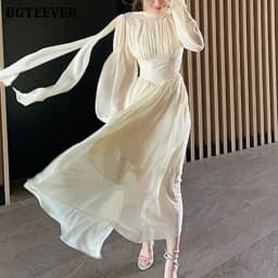 BGTEEVER Elegant Lace-up Women Chiffon Dress Stylish Puff Sleeve Slim Waist Female A-line Dress Ladies Vestidos Spring Summer