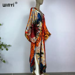 Sexy bech high-quality hand-rolled feel silk rayon fashion print 2021 WINYI Maxi women's robes long beach V-neck Bohemian dress