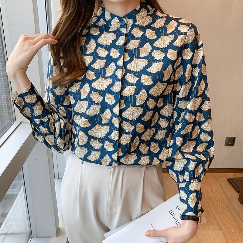 France style Women Blouses ginkgo printed ladies shirts Spring Autumn Long Sleeve Shirts Tops Blusas Mujer