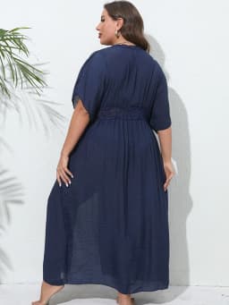 GIBSIE Plus Size Women Swimsuit Cover Up Solid Tie Front Kimono Beachwear Sun Protection Clothing Long Tunic Bikini Cover-ups