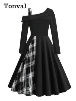 Tonval Black and Plaid One Shoulder Elegant Party Women Dresses Autumn Clothes 2023 Long Sleeve Evening Vintage Midi Swing Dress