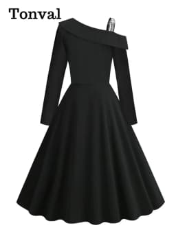 Tonval Black and Plaid One Shoulder Elegant Party Women Dresses Autumn Clothes 2023 Long Sleeve Evening Vintage Midi Swing Dress
