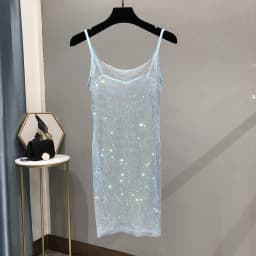 Bungee Sexy Slim Slim Women's 2024 Summer New Bright Diamond Crystal Temperament Bag Hip Sling Mid-length Dress Fashion Trend