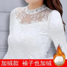 Women's Lace Tees Long Sleeve Bottoming Shirts Fleece Warm Underwear Hollow Mesh Stand-up Collar Tops Lady Slim Chiffon Blouses