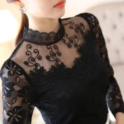 Women's Lace Tees Long Sleeve Bottoming Shirts Fleece Warm Underwear Hollow Mesh Stand-up Collar Tops Lady Slim Chiffon Blouses