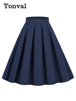 Tonval Ginger Solid Vintage 50s Style Pleated Midi Skirts for Women 2023 Elegant Clothes Female Swing Skirt