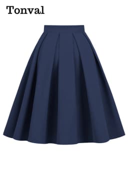 Tonval Ginger Solid Vintage 50s Style Pleated Midi Skirts for Women 2023 Elegant Clothes Female Swing Skirt