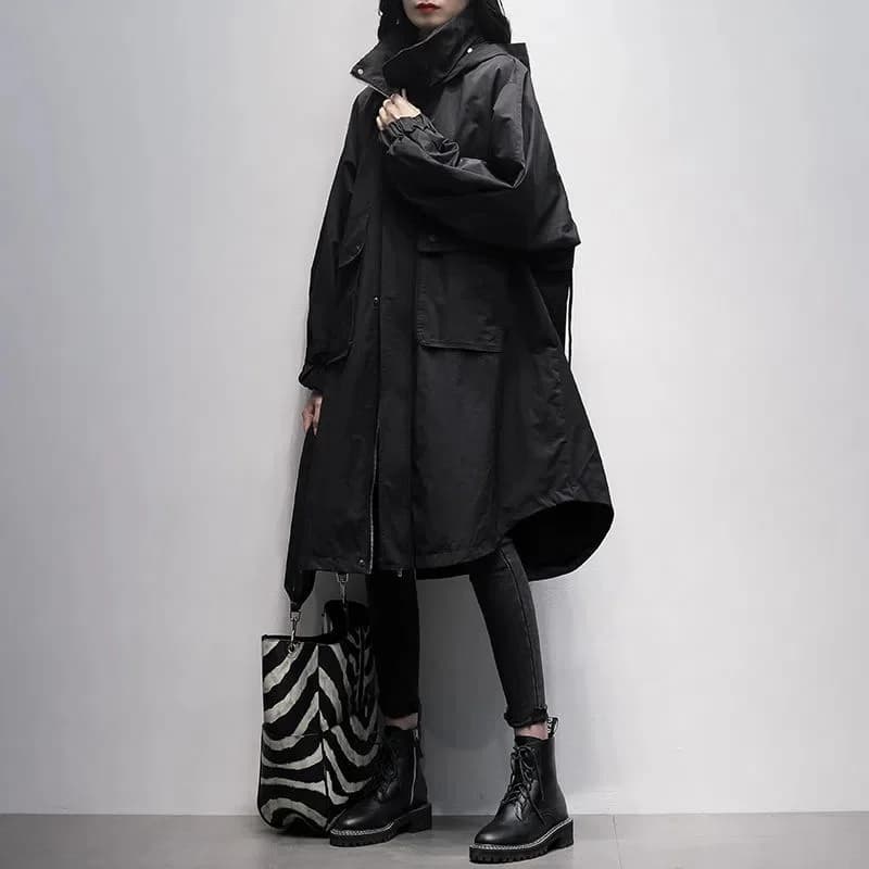 Autumn 2026 New Korean Version of Black Hooded Long Sleeve Leisure With Loose and Slimming Long Trench Coat For Women to Commute