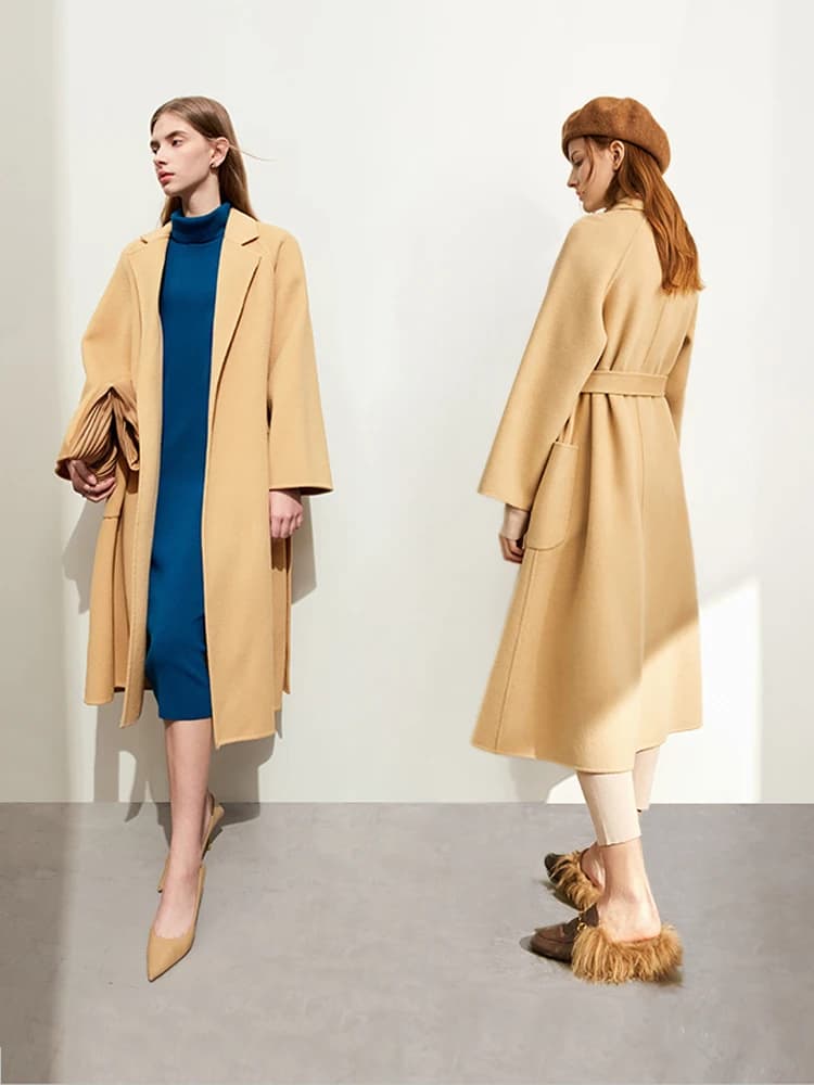 AMII Minimalist Wool Coat For Women 2024 Winter Blazer Collar With Belt Vintage Korean Fashion Long Blends Jacket 12424102