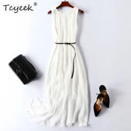 Tcyeek100%mulberry Silk Dress Women Korean Summer Dresses Sleeveless Beach Dress Womans Clothing Ladies Dresses Vestido Feminino