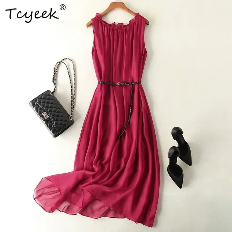 Tcyeek100%mulberry Silk Dress Women Korean Summer Dresses Sleeveless Beach Dress Womans Clothing Ladies Dresses Vestido Feminino