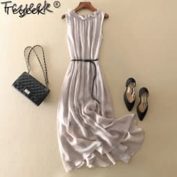 Tcyeek100%mulberry Silk Dress Women Korean Summer Dresses Sleeveless Beach Dress Womans Clothing Ladies Dresses Vestido Feminino