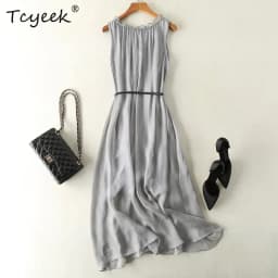 Tcyeek100%mulberry Silk Dress Women Korean Summer Dresses Sleeveless Beach Dress Womans Clothing Ladies Dresses Vestido Feminino