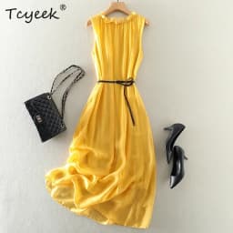 Tcyeek100%mulberry Silk Dress Women Korean Summer Dresses Sleeveless Beach Dress Womans Clothing Ladies Dresses Vestido Feminino