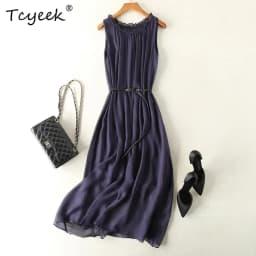 Tcyeek100%mulberry Silk Dress Women Korean Summer Dresses Sleeveless Beach Dress Womans Clothing Ladies Dresses Vestido Feminino