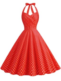 Elegant Polka Dot Party Dress Women Summer Halter High Waist 50s Vintage Fit and Flare Backless Retro Dresses