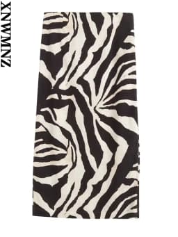 XNWMNZ New women fashion slim linen blended zebra pattern slit skirt female elegant chic casual skirt