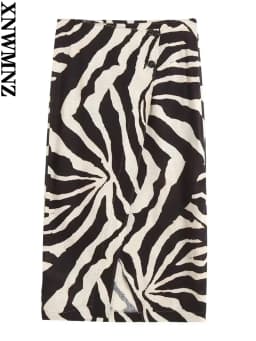 XNWMNZ New women fashion slim linen blended zebra pattern slit skirt female elegant chic casual skirt