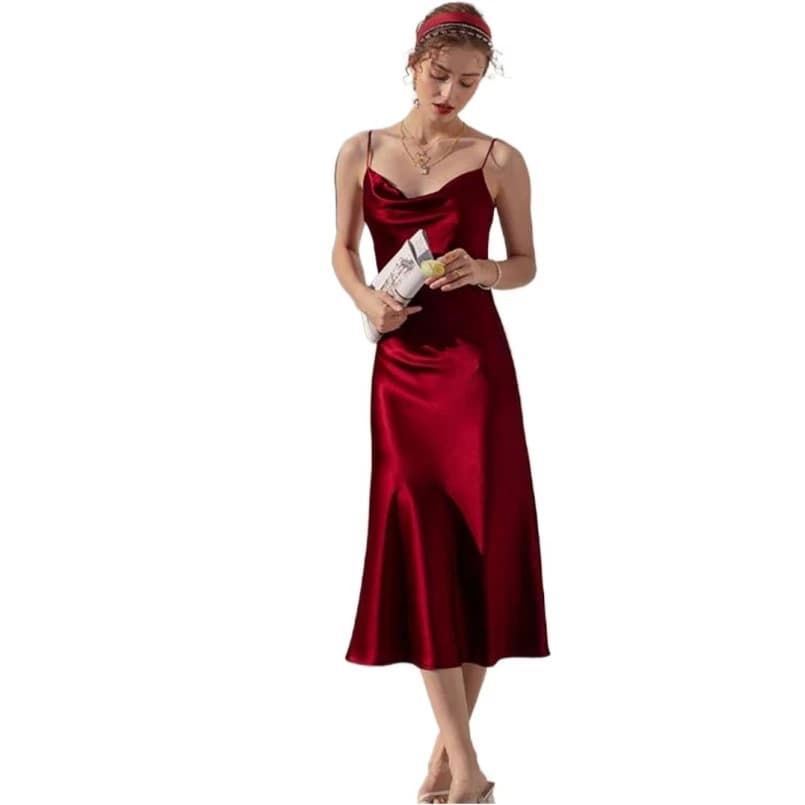 Sexy Spaghetti Strap Burgundy Vintage Artificial Silk Party Dresses Summer Women Satin Slip Dress Femme Long Robe Vestidos
