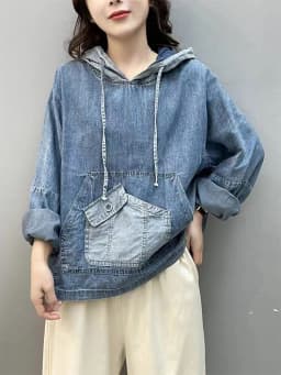 Amax luluE Spring Fashion Denim Hoodies Womens Vintage Hooded Classic Loose Sweatshirts Ladies Harajuku Leisure Korean Clothes