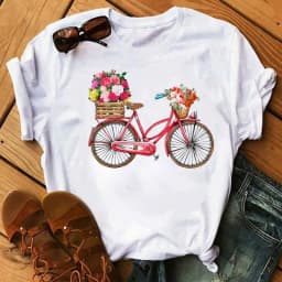 Spring Summer Ladies Floral Bicycle Pattern Fashion Cartoon Print White Letter T-shirt Woman Clothes Oversized T Shirt Tops Tee