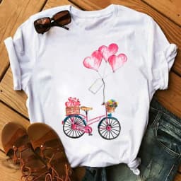 Spring Summer Ladies Floral Bicycle Pattern Fashion Cartoon Print White Letter T-shirt Woman Clothes Oversized T Shirt Tops Tee