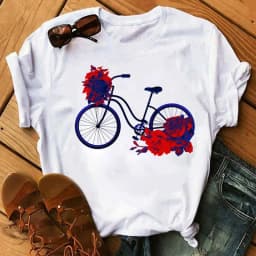 Spring Summer Ladies Floral Bicycle Pattern Fashion Cartoon Print White Letter T-shirt Woman Clothes Oversized T Shirt Tops Tee