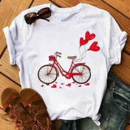 Spring Summer Ladies Floral Bicycle Pattern Fashion Cartoon Print White Letter T-shirt Woman Clothes Oversized T Shirt Tops Tee