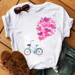 Spring Summer Ladies Floral Bicycle Pattern Fashion Cartoon Print White Letter T-shirt Woman Clothes Oversized T Shirt Tops Tee