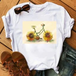 Spring Summer Ladies Floral Bicycle Pattern Fashion Cartoon Print White Letter T-shirt Woman Clothes Oversized T Shirt Tops Tee