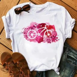 Spring Summer Ladies Floral Bicycle Pattern Fashion Cartoon Print White Letter T-shirt Woman Clothes Oversized T Shirt Tops Tee