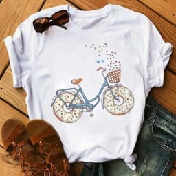 Spring Summer Ladies Floral Bicycle Pattern Fashion Cartoon Print White Letter T-shirt Woman Clothes Oversized T Shirt Tops Tee