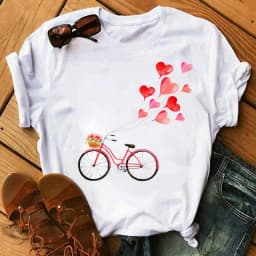 Spring Summer Ladies Floral Bicycle Pattern Fashion Cartoon Print White Letter T-shirt Woman Clothes Oversized T Shirt Tops Tee