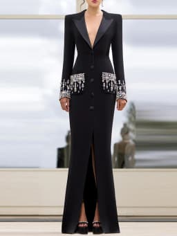HIGH STREET Newest 2026 Designer Fashion Women's Long Sleeve Notched Collar Rhinestone Diamonds Beading Maxi Long Dress