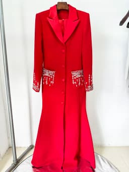 HIGH STREET Newest 2026 Designer Fashion Women's Long Sleeve Notched Collar Rhinestone Diamonds Beading Maxi Long Dress