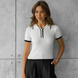 Talenza Women's Knitted Pullover Fashion Short Sleeve Patchwork Sweater Top Elegant Slim Contrast Lapel Knitted Pullover Top