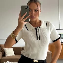Talenza Women's Knitted Pullover Fashion Short Sleeve Patchwork Sweater Top Elegant Slim Contrast Lapel Knitted Pullover Top