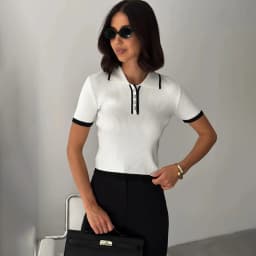 Talenza Women's Knitted Pullover Fashion Short Sleeve Patchwork Sweater Top Elegant Slim Contrast Lapel Knitted Pullover Top