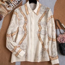 High Quality Polo Collar Positioning Chain Printed Silk Shirt Flip Collar Mulberry Silk Women's Shirt Blusa Luxo Blouses Tops