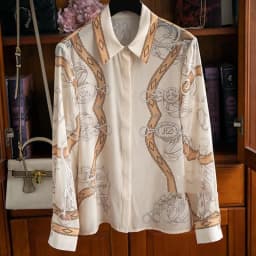 High Quality Polo Collar Positioning Chain Printed Silk Shirt Flip Collar Mulberry Silk Women's Shirt Blusa Luxo Blouses Tops