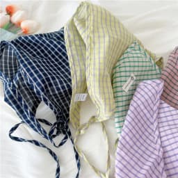 Cotton and Linen Triangle Scarves Scarf Plaid Bandanas Turban with Strap Rope Spring Summer Autumn Head Wrap Headscarf for Women
