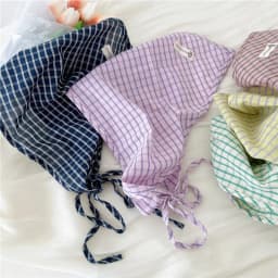 Cotton and Linen Triangle Scarves Scarf Plaid Bandanas Turban with Strap Rope Spring Summer Autumn Head Wrap Headscarf for Women
