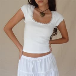 Women's Vintage Baby Tee Cottage Lace Trim Knitted T-Shirt, White Milkmaid Crop Top, Short Sleeve Tee Shirt, Summer, Y2K