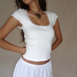 Women's Vintage Baby Tee Cottage Lace Trim Knitted T-Shirt, White Milkmaid Crop Top, Short Sleeve Tee Shirt, Summer, Y2K